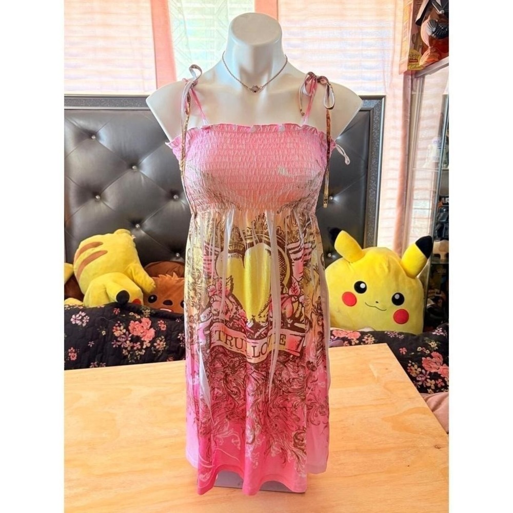 Y2K Grunge Exist True Love Graphic Smocked Mini Dress Pink Tattoo Print M #5